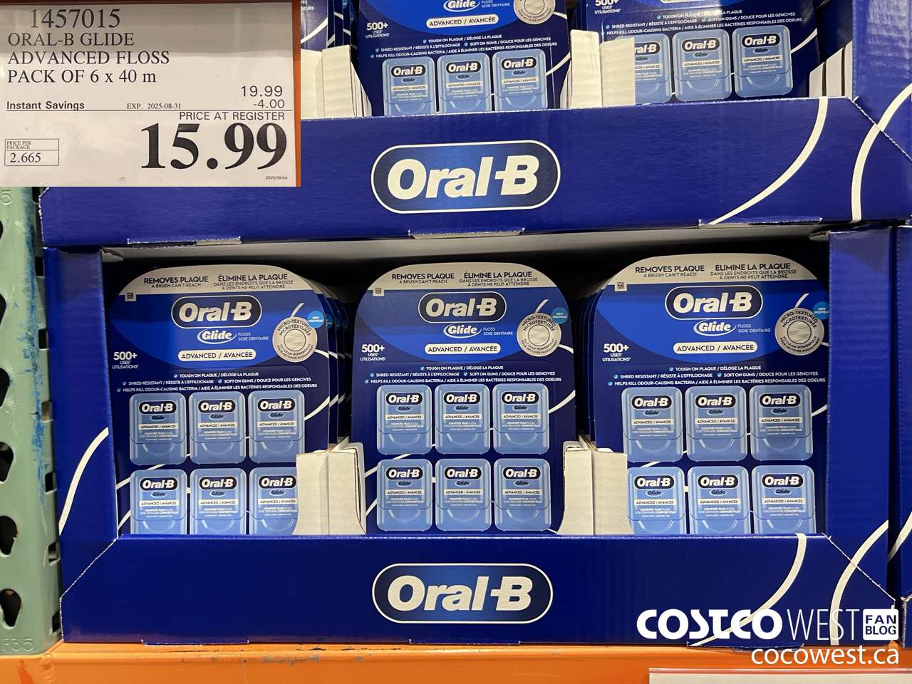 1457015 ORAL-B GLIDE ADVANCED FLOSS 6 PACKS x 40 M ($4.00 INSTANT SAVINGS EXPIRES ON 2025-08-31) $15.99