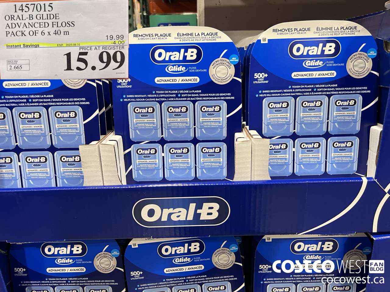 1457015 ORAL-B GLIDE ADVANCED FLOSS 6 PACKS x 40 M ($4.00 INSTANT SAVINGS EXPIRES ON 2025-08-31) $15.99