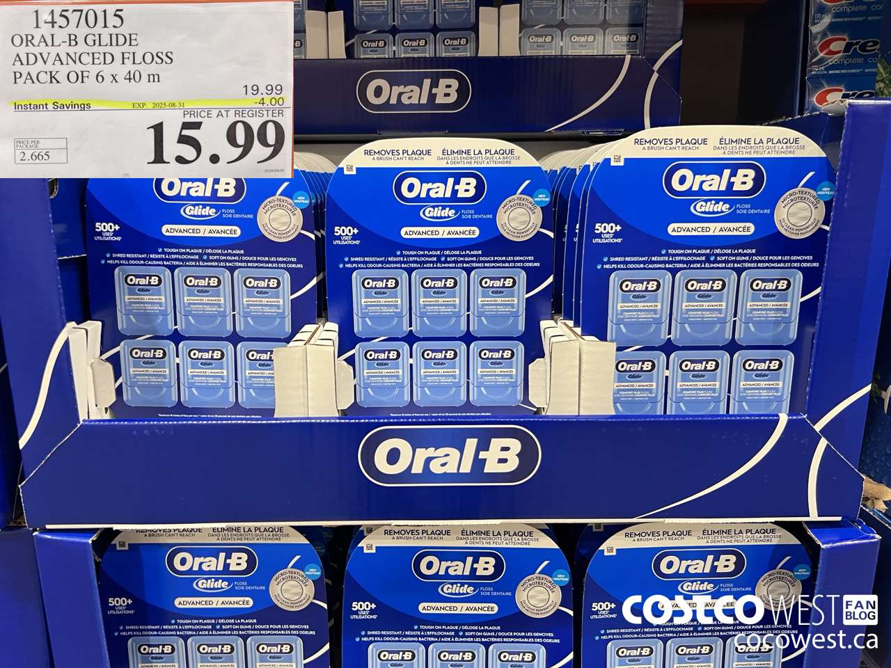 1457015 ORAL-B GLIDE ADVANCED FLOSS 6 PACKS x 40 M ($4.00 INSTANT SAVINGS EXPIRES ON 2025-08-31) $15.99