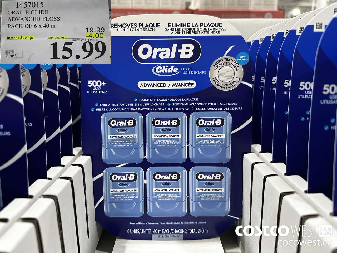 1457015 ORAL-B GLIDE ADVANCED FLOSS 6 PACKS x 40 M ($4.00 INSTANT SAVINGS EXPIRES ON 2025-08-31) $15.99