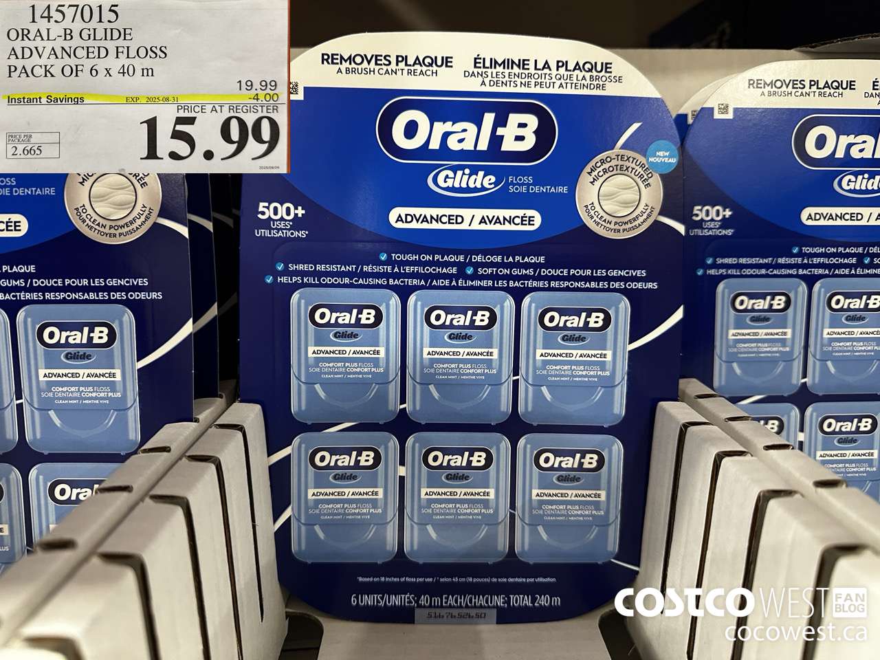 1457015 ORAL-B GLIDE ADVANCED FLOSS 6 PACKS x 40 M ($4.00 INSTANT SAVINGS EXPIRES ON 2025-08-31) $15.99