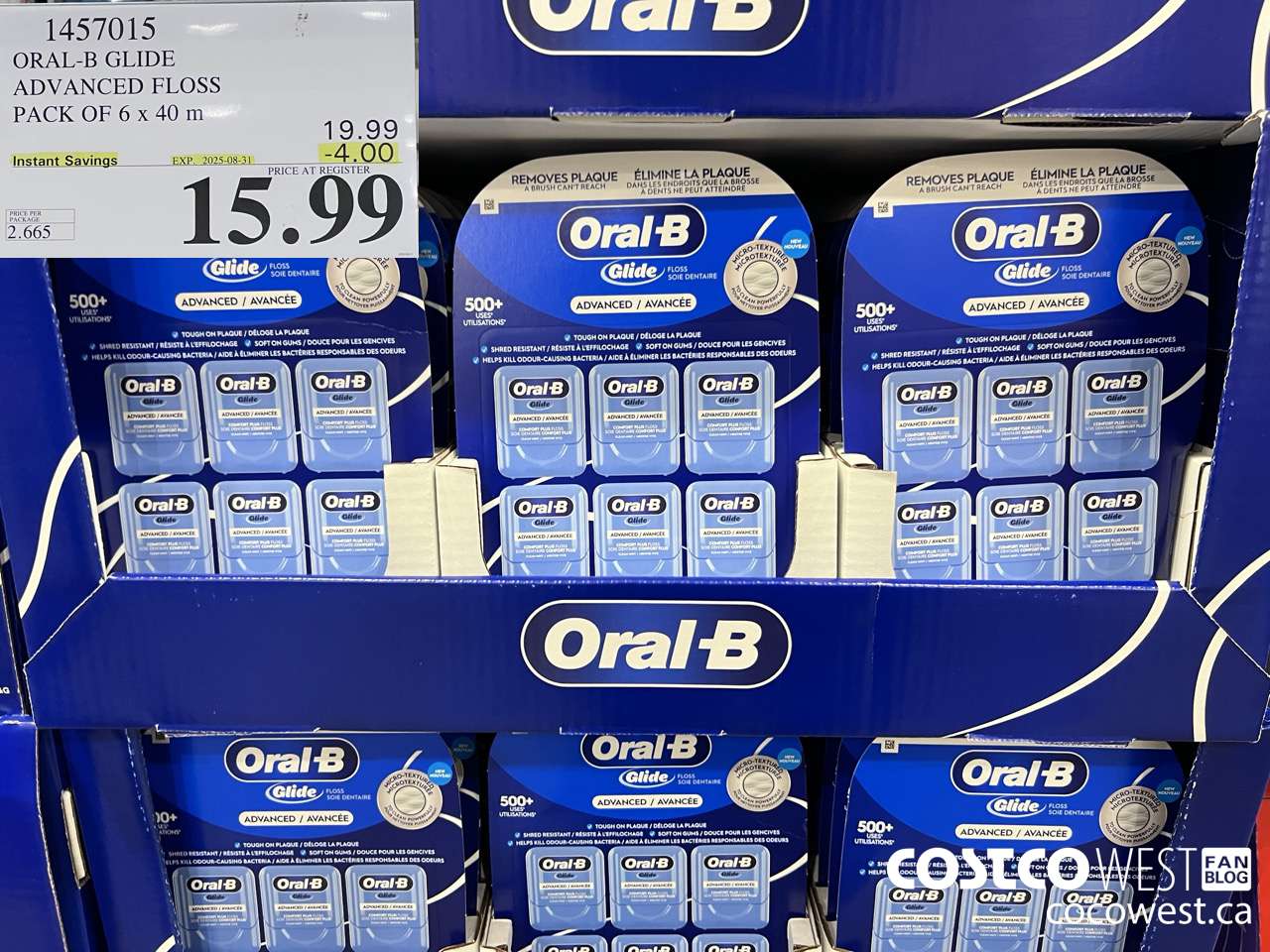 1457015 ORAL-B GLIDE ADVANCED FLOSS 6 PACKS x 40 M ($4.00 INSTANT SAVINGS EXPIRES ON 2025-08-31) $15.99
