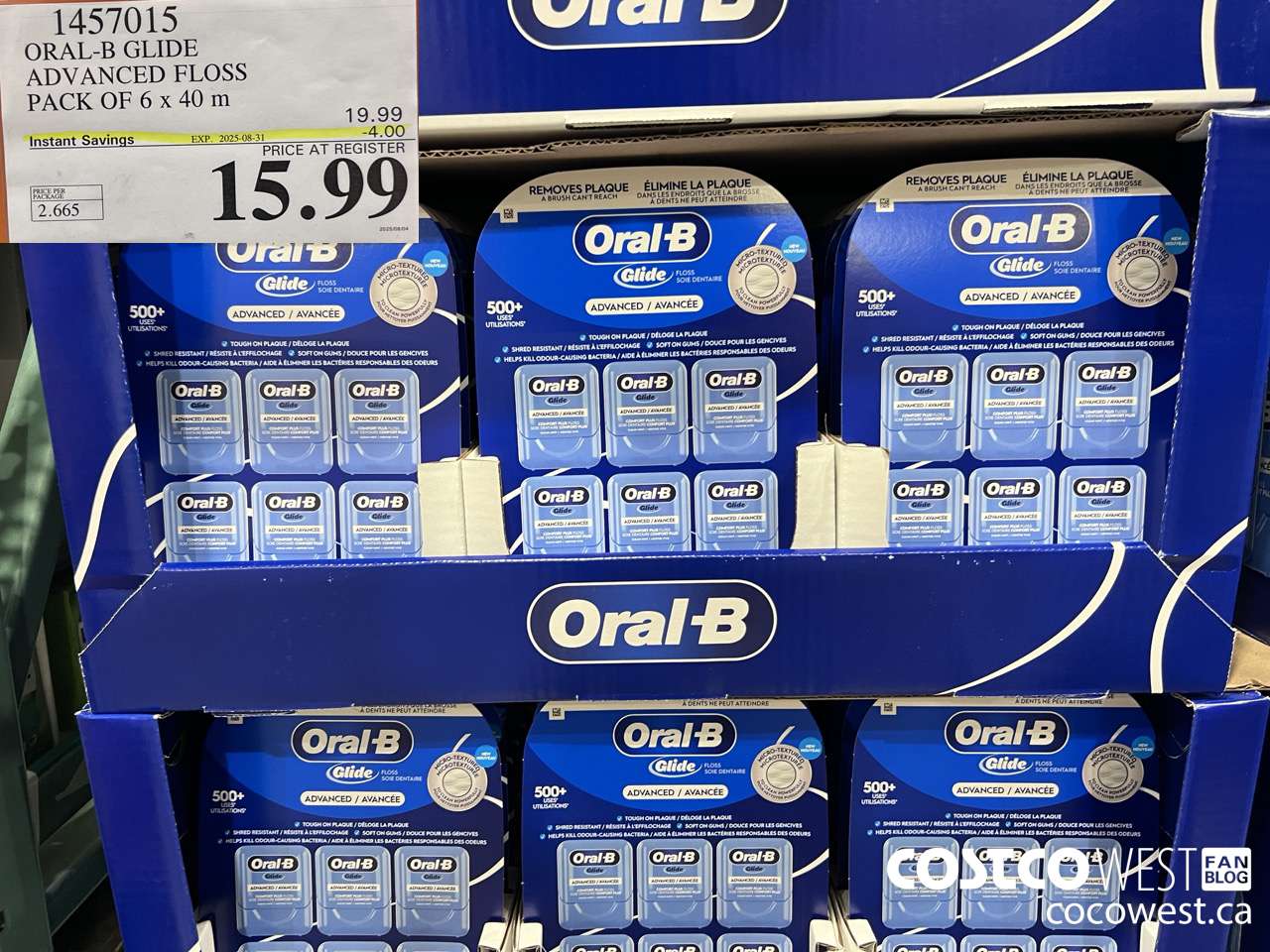 1457015 ORAL-B GLIDE ADVANCED FLOSS 6 PACKS x 40 M ($4.00 INSTANT SAVINGS EXPIRES ON 2025-08-31) $15.99