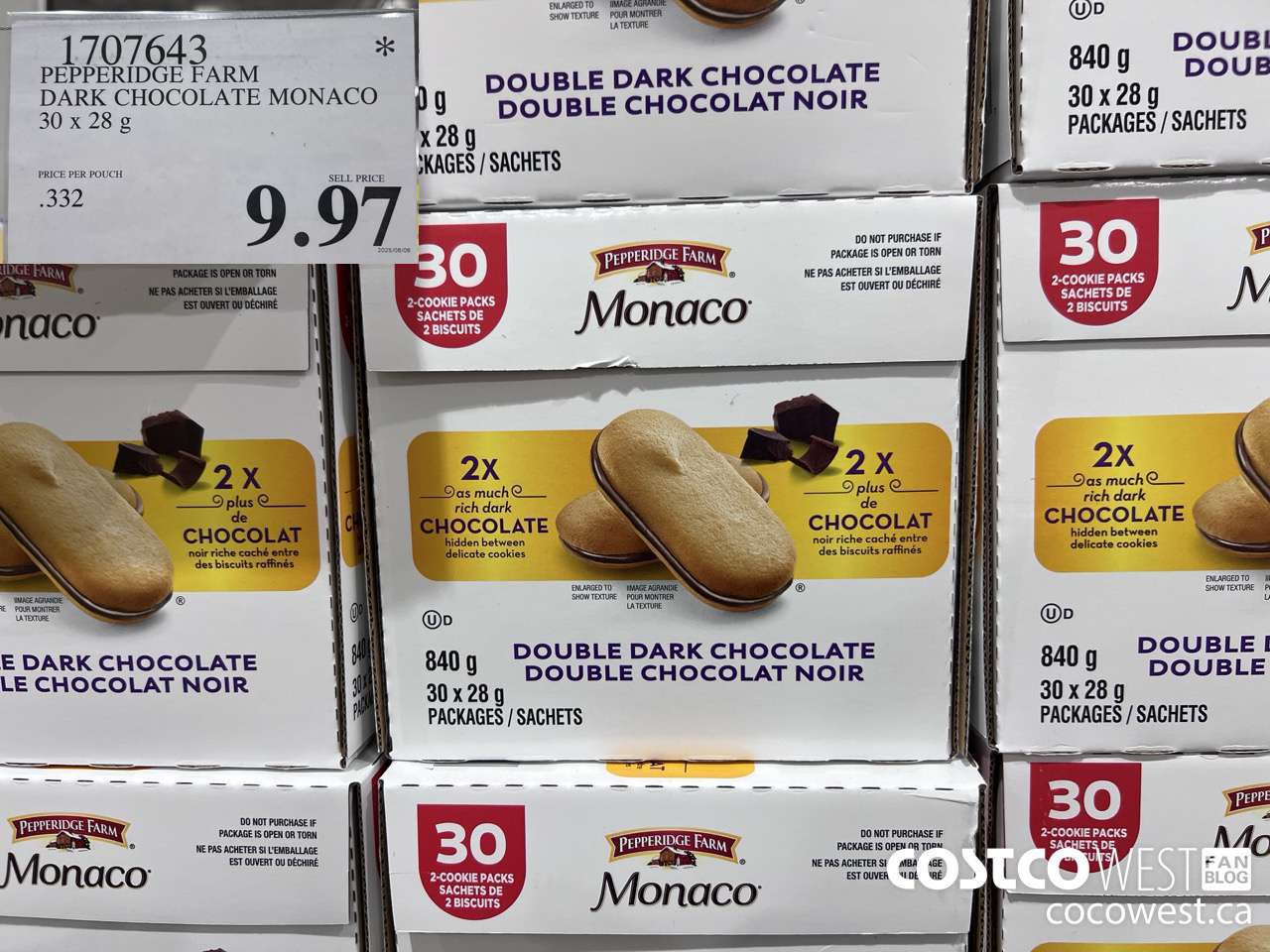 1707643 PEPPERIDGE FARM DARK CHOCOLATE MONACO 30 X 28G $9.97