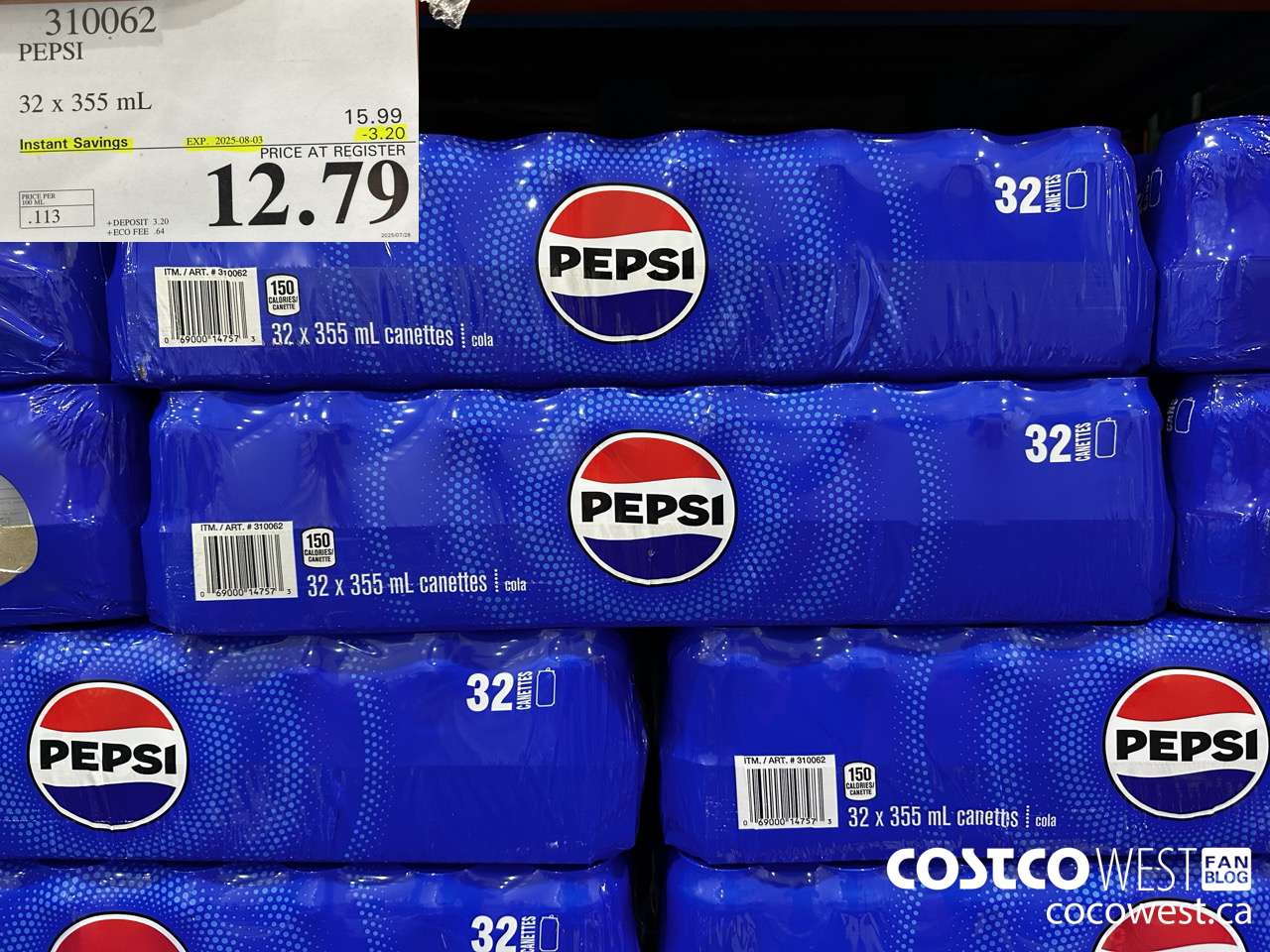 310062 PEPSI 32 X 355 ML ($3.20 INSTANT SAVINGS EXPIRES ON 2025-08-03) $12.79