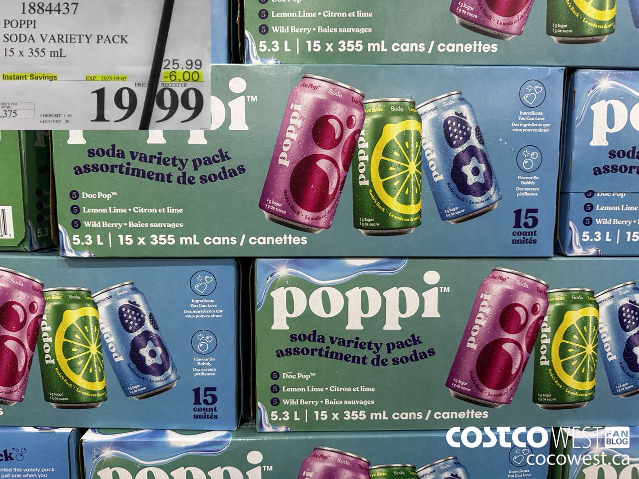 1884437 POPPI SODA VARIETY PACK 15 X 355ML ($6.00 INSTANT SAVINGS EXPIRES ON 2025-08-03) $19.99