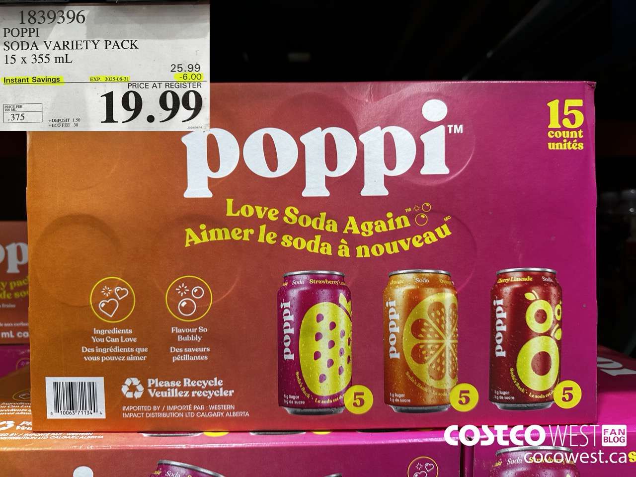1839396 POPPI SODA VARIETY PACK 15 X 355ML ($6.00 INSTANT SAVINGS EXPIRES ON 2025-08-31) $19.99
