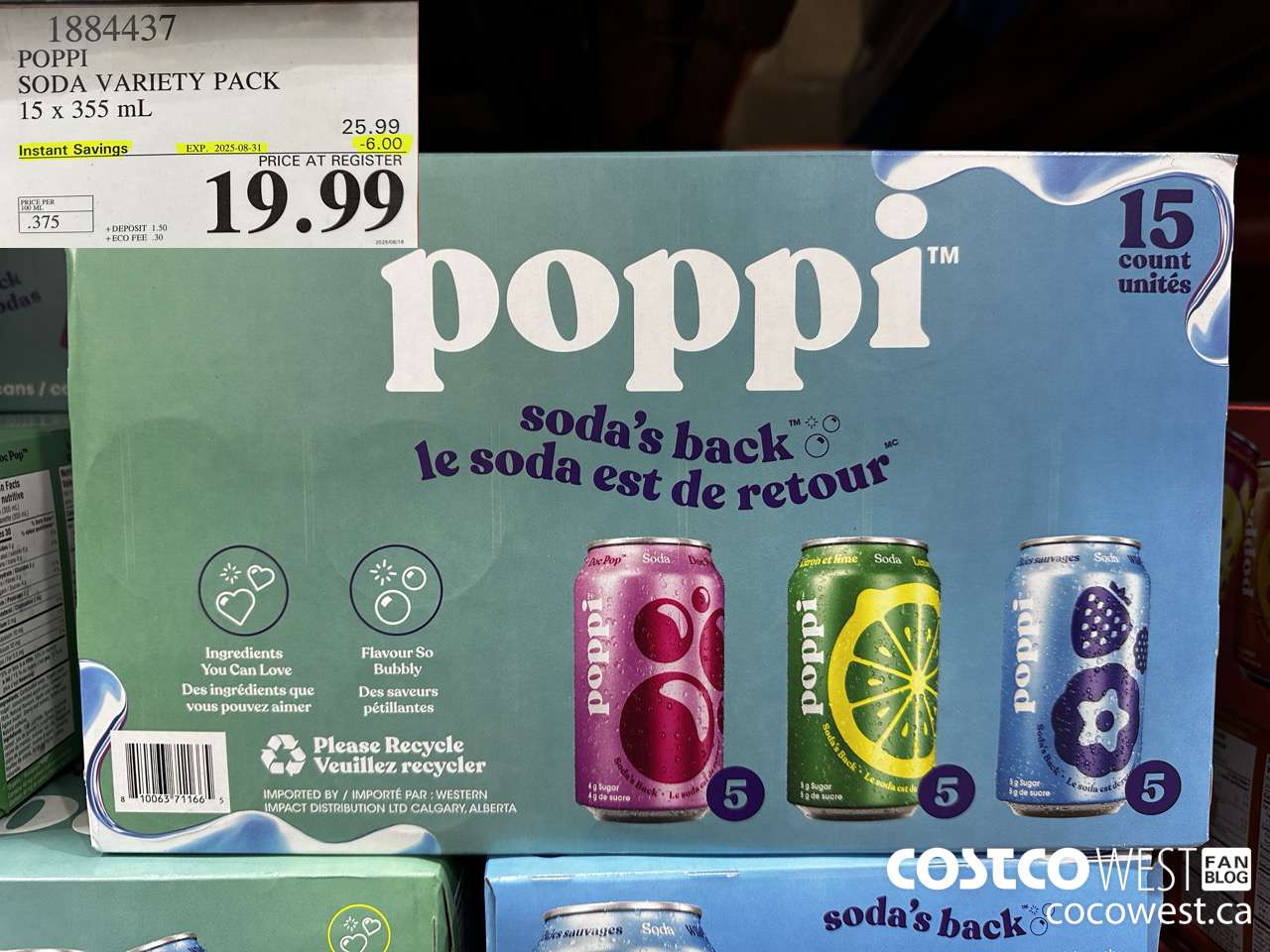 1884437 POPPI SODA VARIETY PACK 15 X 355ML ($6.00 INSTANT SAVINGS EXPIRES ON 2025-08-31) $19.99