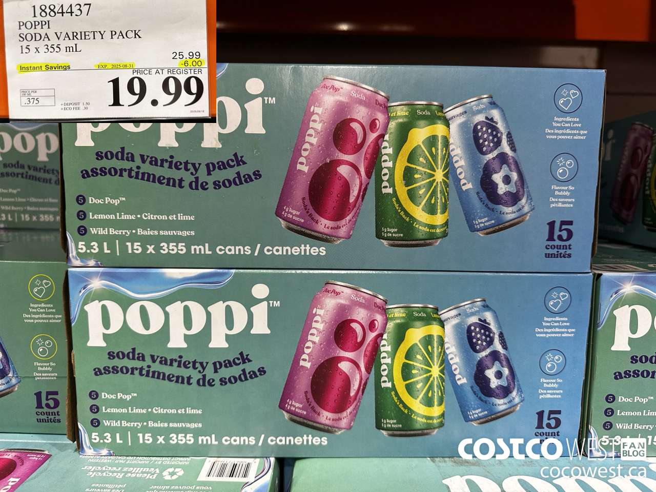 1884437 POPPI SODA VARIETY PACK 15 X 355ML ($6.00 INSTANT SAVINGS EXPIRES ON 2025-08-31) $19.99