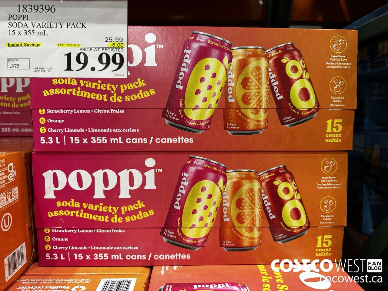 1839396 POPPI SODA VARIETY PACK 15 X 355ML ($6.00 INSTANT SAVINGS EXPIRES ON 2025-08-31) $19.99