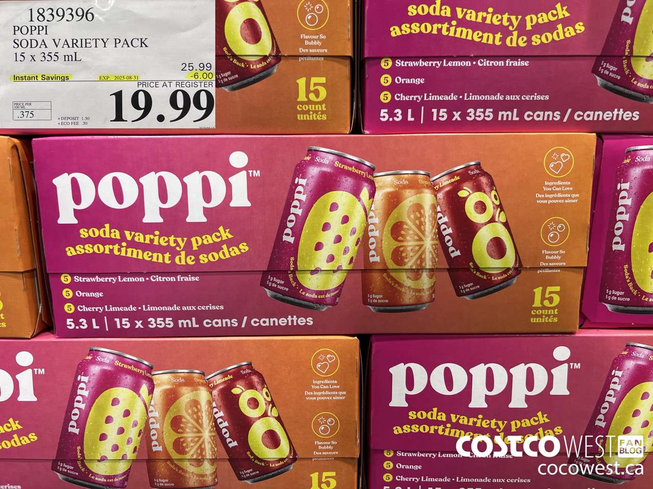 1839396 POPPI SODA VARIETY PACK 15 X 355ML ($6.00 INSTANT SAVINGS EXPIRES ON 2025-08-31) $19.99
