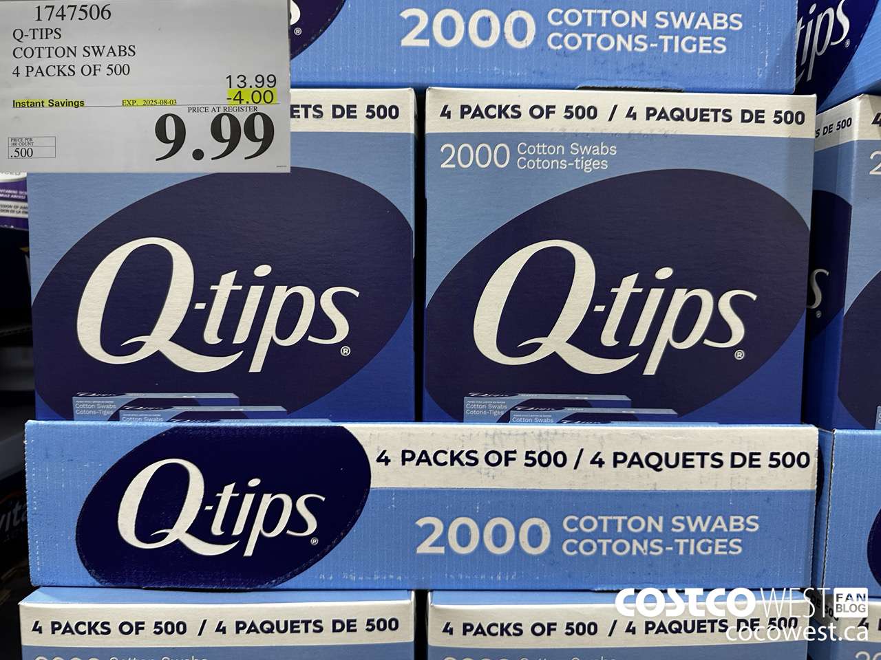 1747506 Q-TIPS COTTON SWABS 4 PACKS OF 500 ($4.00 INSTANT SAVINGS EXPIRES ON 2025-08-03) $9.99