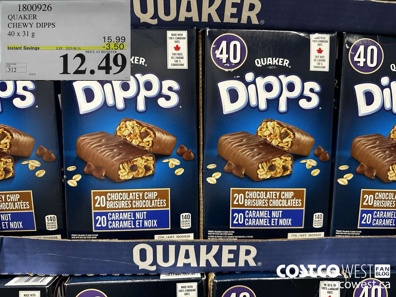 1800926 QUAKER CHEWY DIPPS 40 X 31 G ($3.50 INSTANT SAVINGS EXPIRES ON 2025-08-31) $12.49