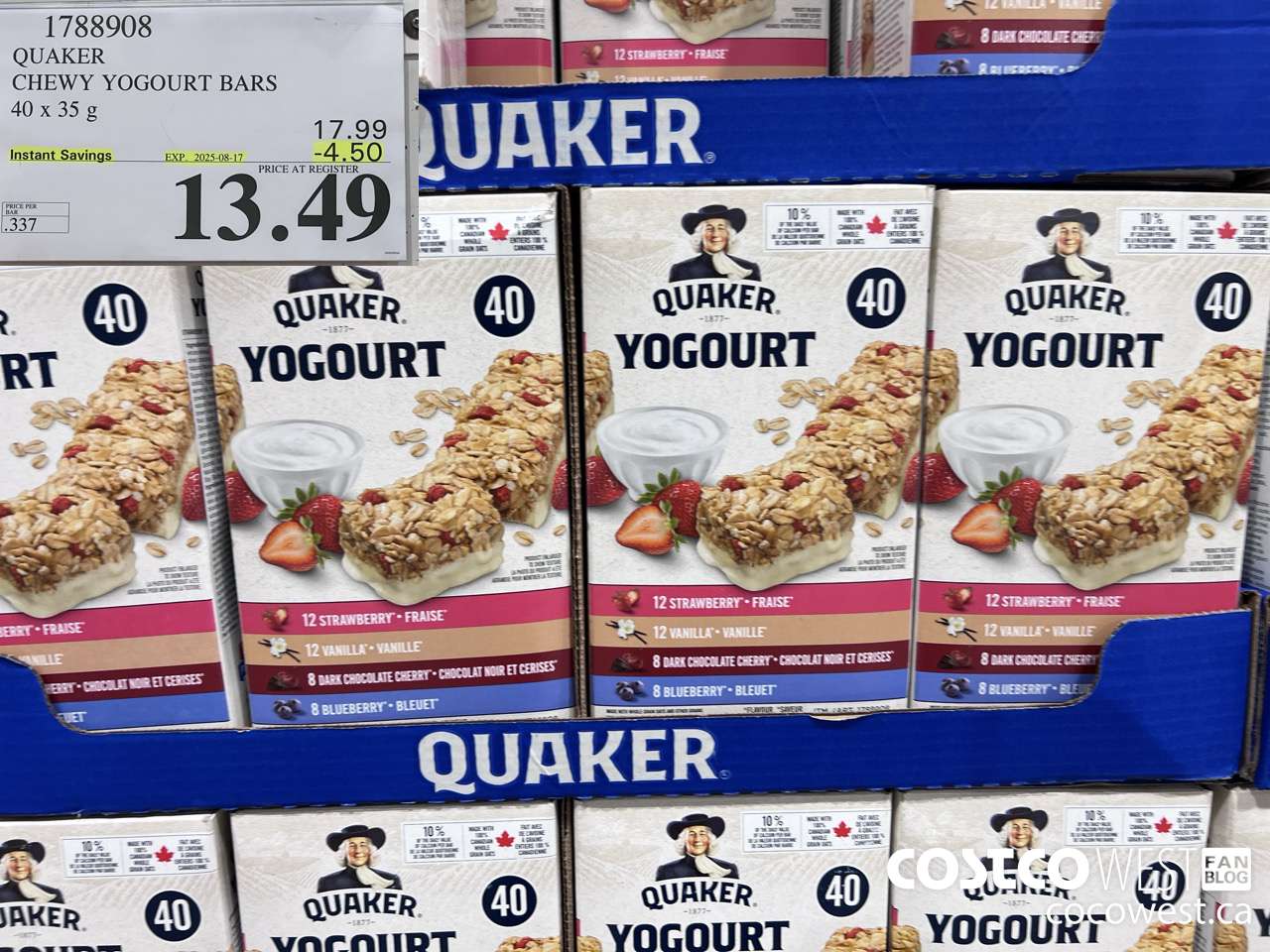 1788908 QUAKER CHEWY YOGOURT BARS 40 X 35 G ($4.50 INSTANT SAVINGS EXPIRES ON 2025-08-17) $13.49