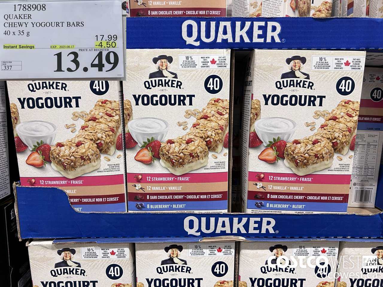 1788908 QUAKER CHEWY YOGOURT BARS 40 X 35 G ($4.50 INSTANT SAVINGS EXPIRES ON 2025-08-17) $13.49