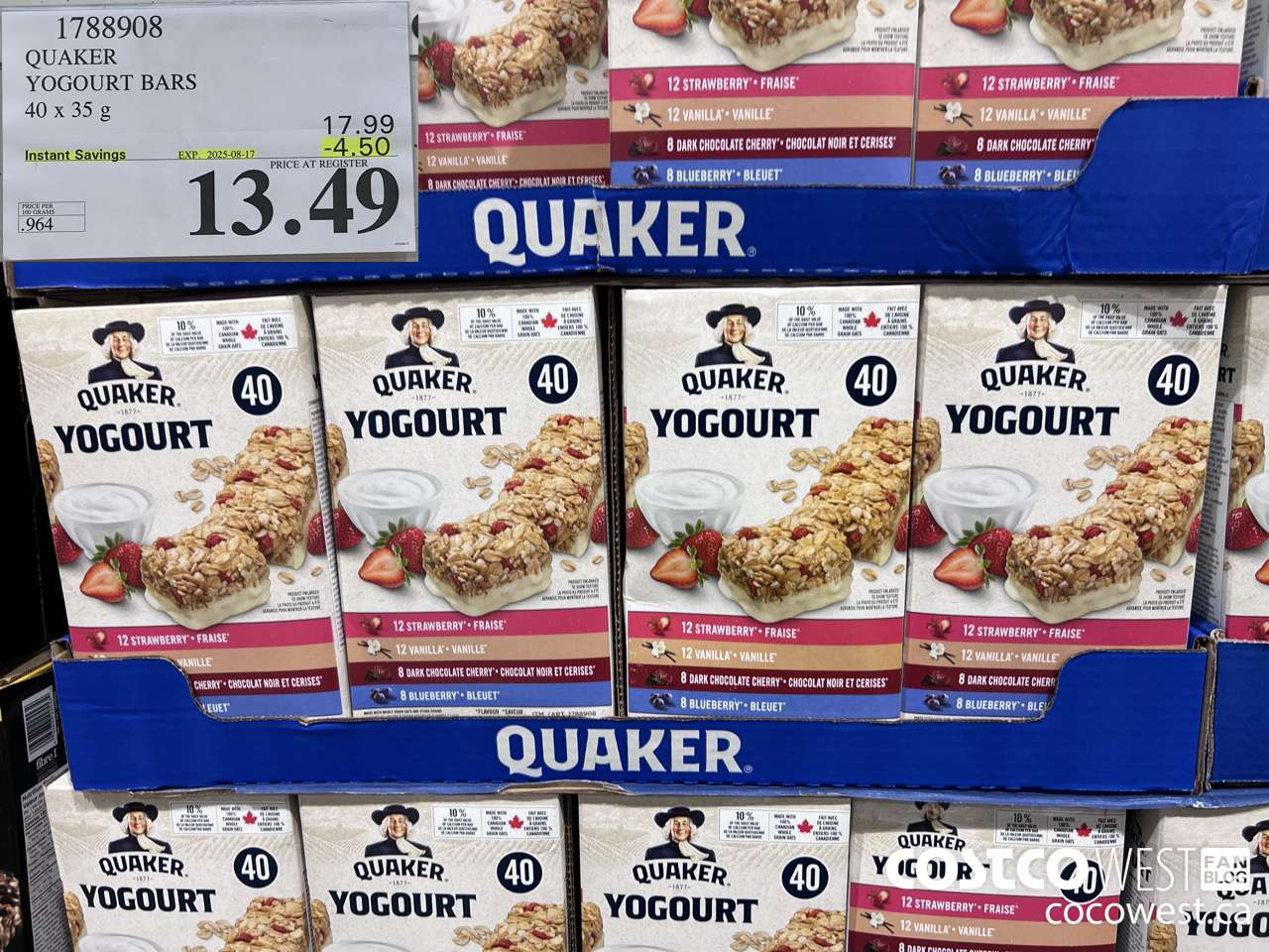 1788908 QUAKER CHEWY YOGOURT BARS 40 X 35 G ($4.50 INSTANT SAVINGS EXPIRES ON 2025-08-17) $13.49
