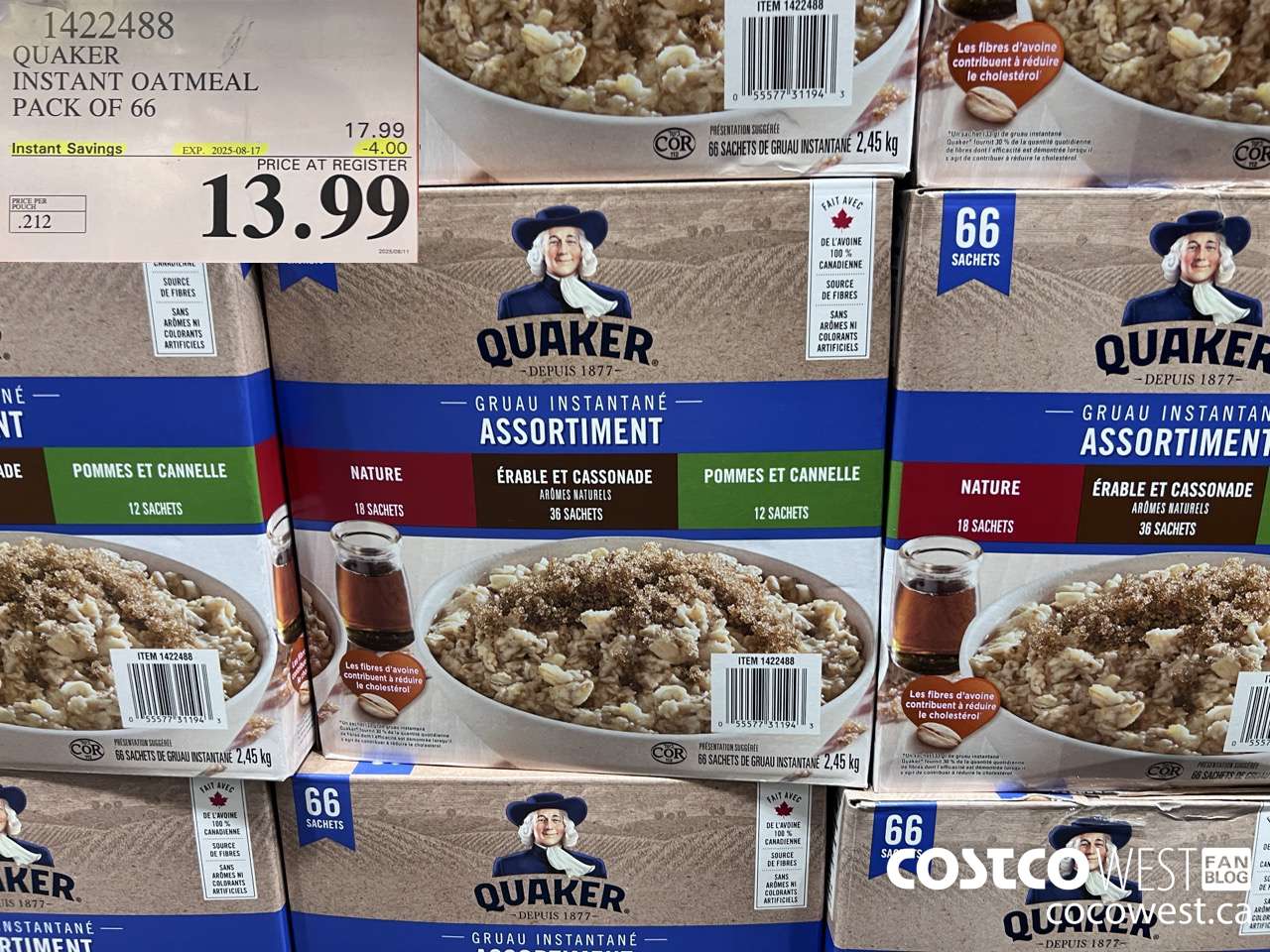 1422488 QUAKER INSTANT OATMEAL 66 COUNT ($4.00 INSTANT SAVINGS EXPIRES ON 2025-08-17) $13.99