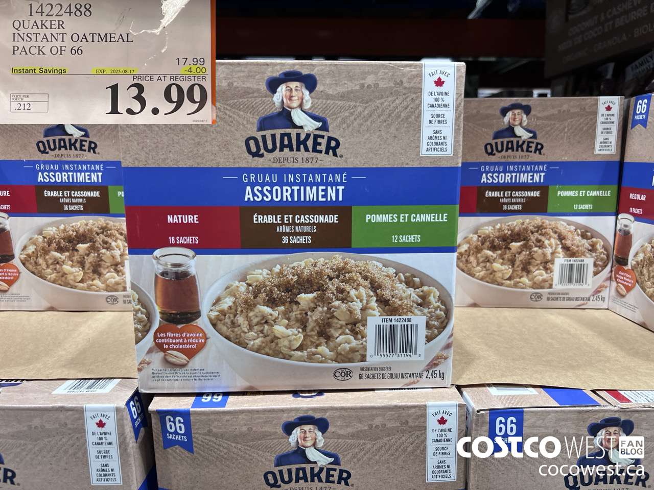 1422488 QUAKER INSTANT OATMEAL 66 COUNT ($4.00 INSTANT SAVINGS EXPIRES ON 2025-08-17) $13.99