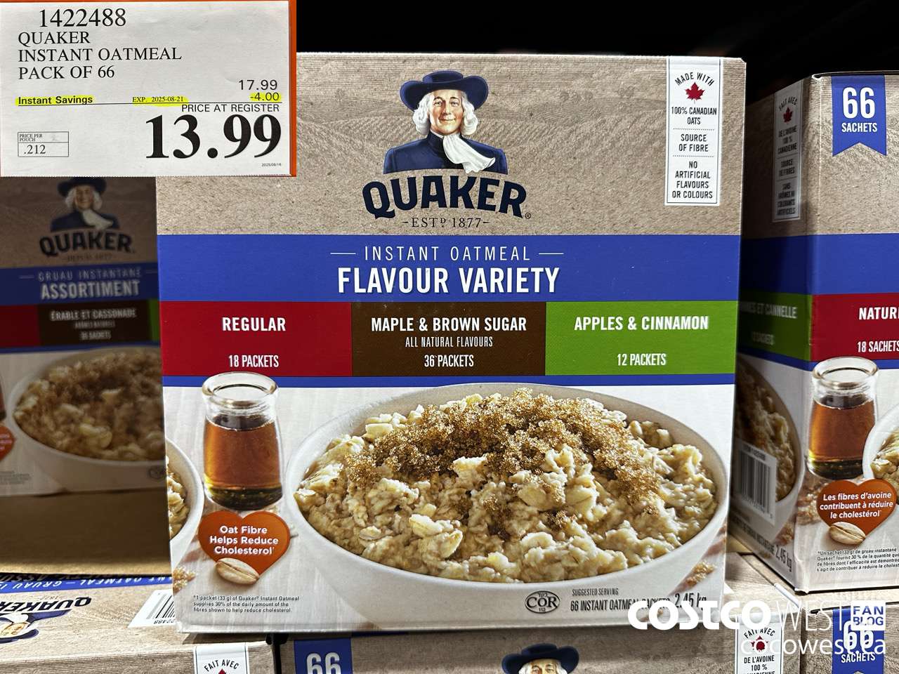 1422488 QUAKER INSTANT OATMEAL 66 COUNT ($4.00 INSTANT SAVINGS EXPIRES ON 2025-08-21) $13.99
