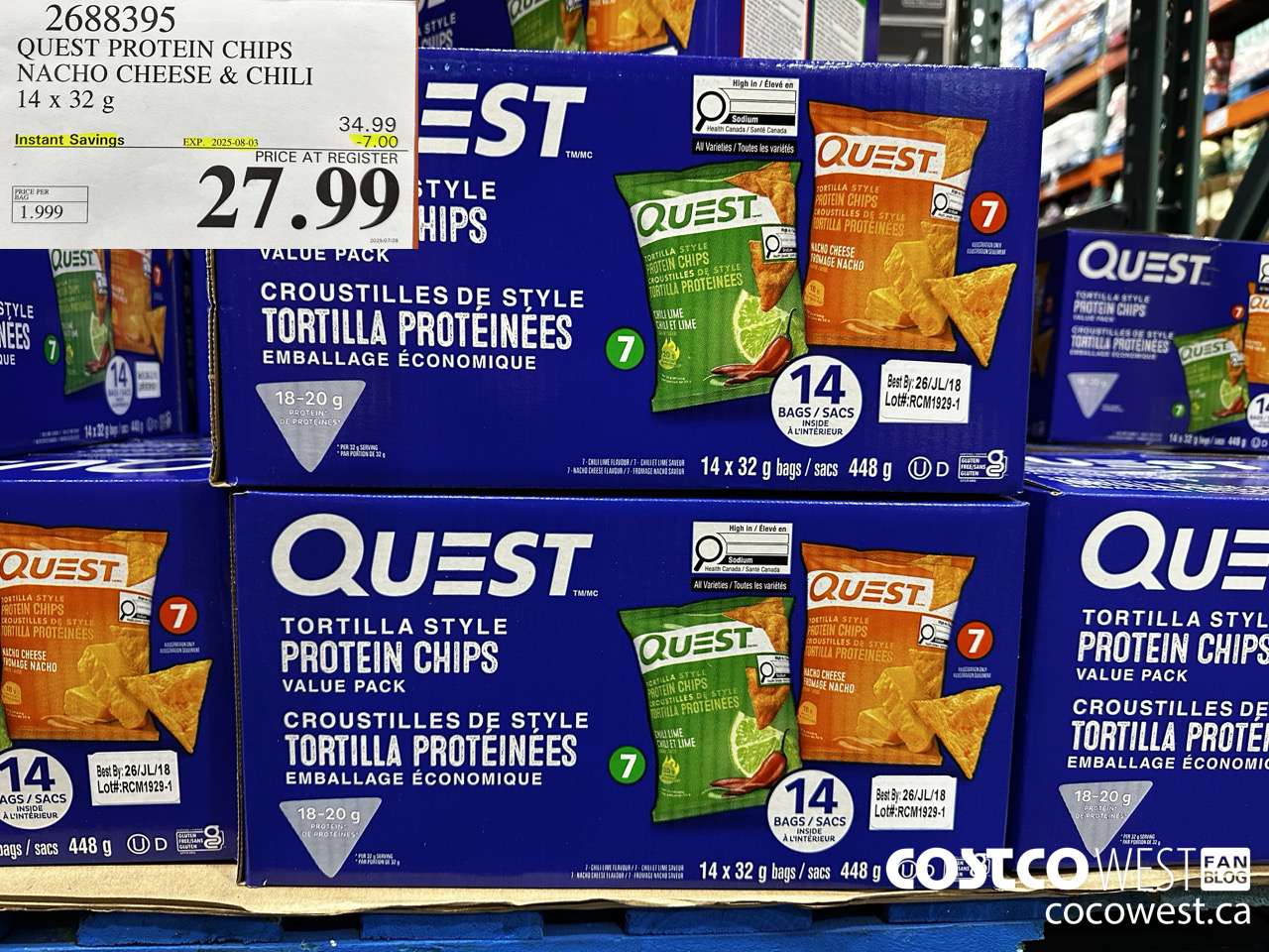 2688395 QUEST PROTEIN CHIPS NACHO CHEESE & CHILI 14 X 32G ($7.00 INSTANT SAVINGS EXPIRES ON 2025-08-03) $27.99
