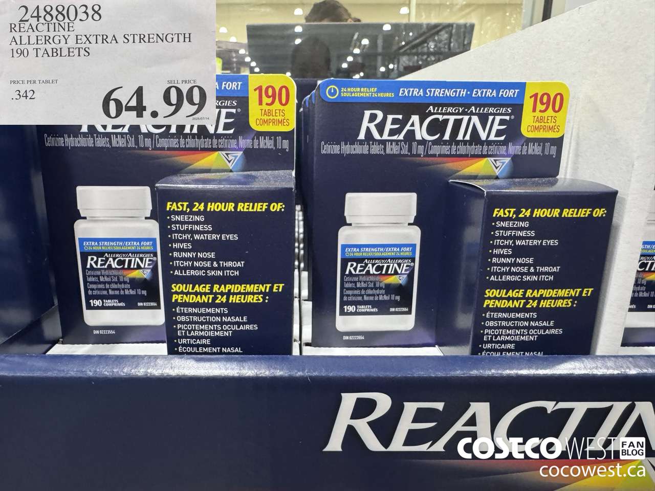 2488038 REACTINE ALLERGY EXTRA STRENGTH 190 TABLETS $64.99
