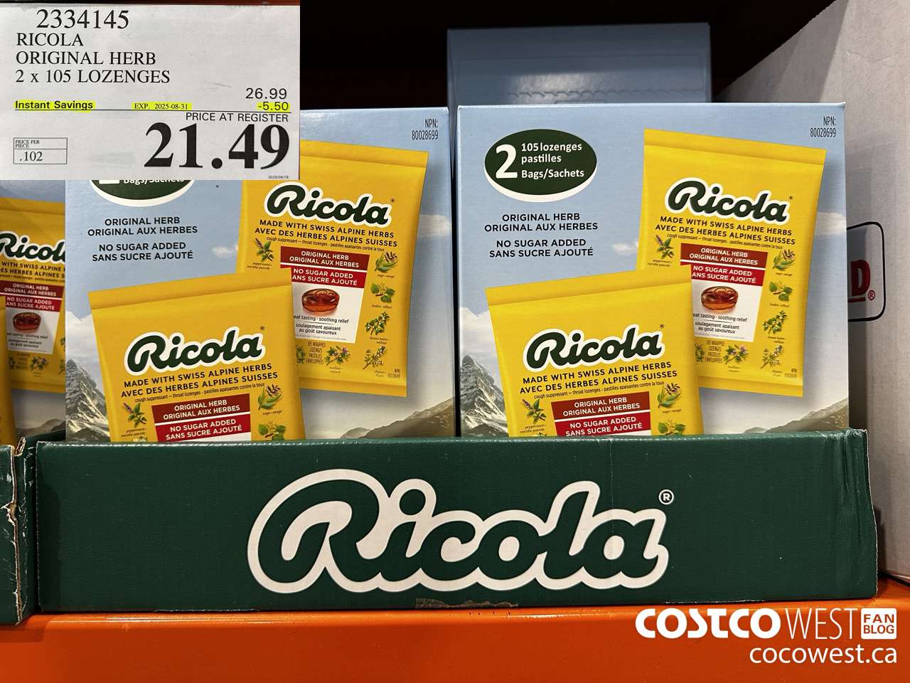 2334145 RICOLA ORIGINAL HERB 2 X 105 LOZENGES ($5.50 INSTANT SAVINGS EXPIRES ON 2025-08-31) $21.49