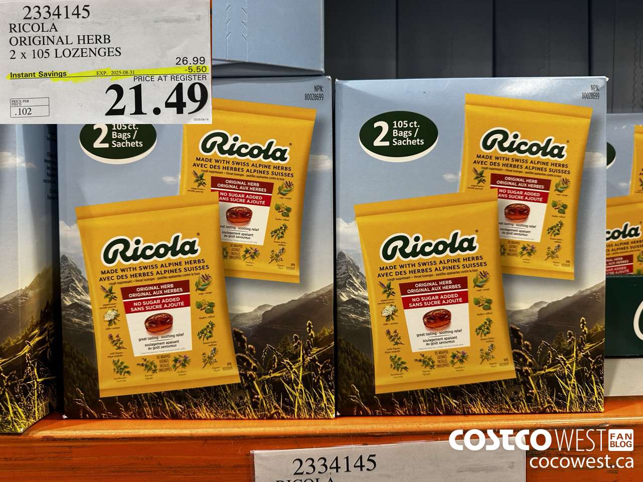 2334145 RICOLA ORIGINAL HERB 2 X 105 LOZENGES ($5.50 INSTANT SAVINGS EXPIRES ON 2025-08-31) $21.49