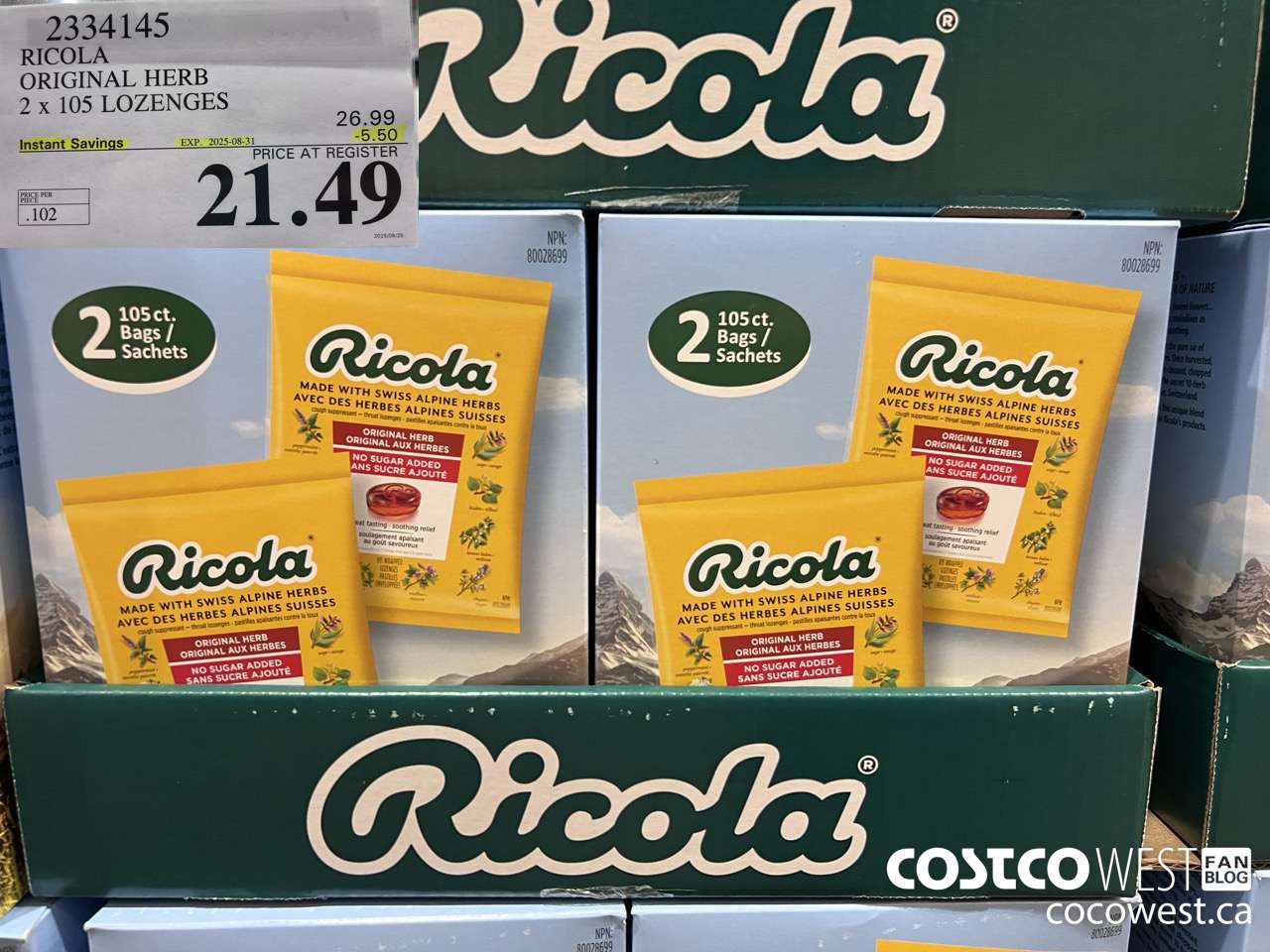 2334145 RICOLA ORIGINAL HERB 2 X 105 LOZENGES ($5.50 INSTANT SAVINGS EXPIRES ON 2025-08-31) $21.49