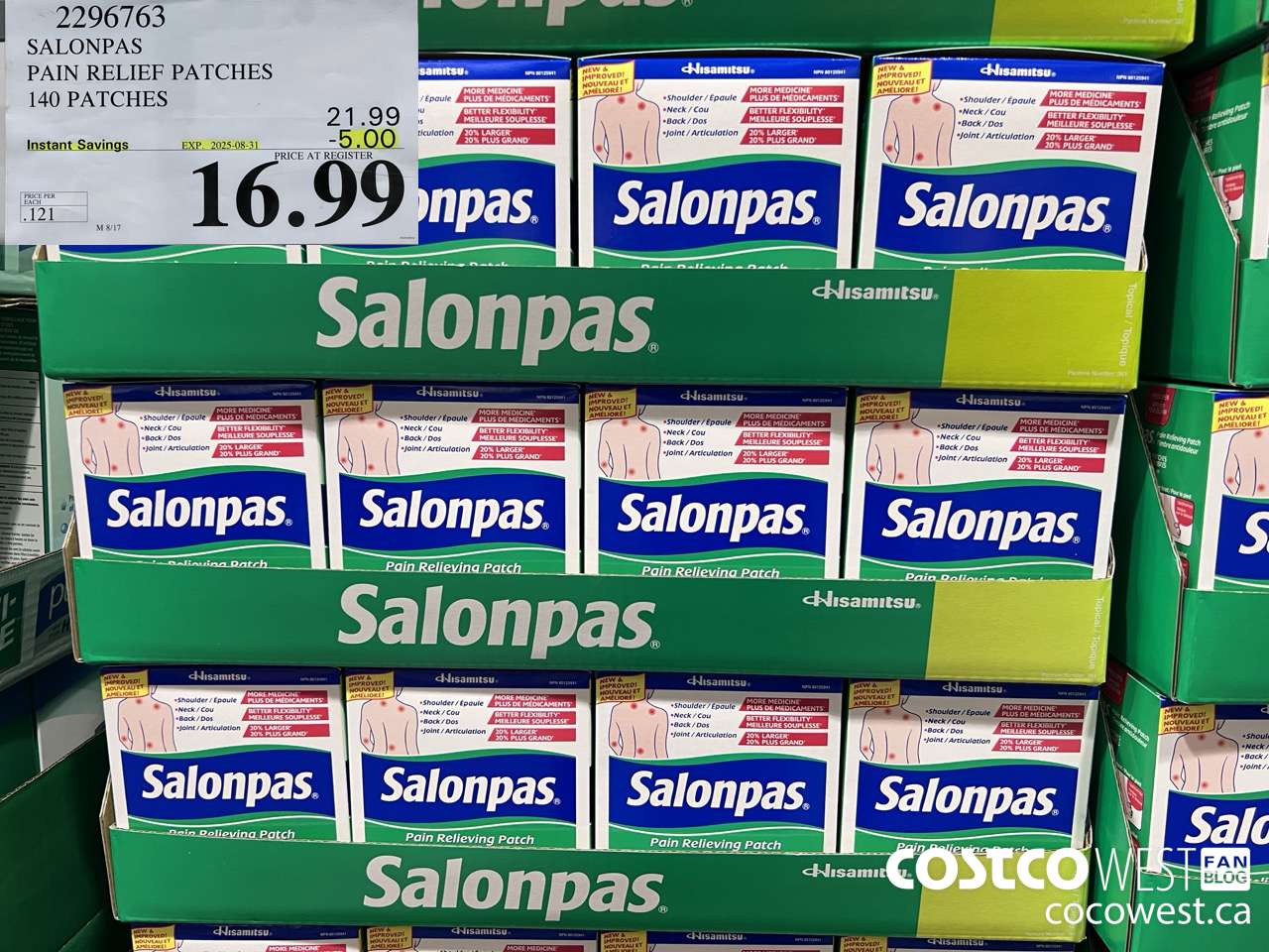 2296763 SALONPAS PAIN RELIEF PATCHES 140 PATCHES ($5.00 INSTANT SAVINGS EXPIRES ON 2025-08-31) $16.99