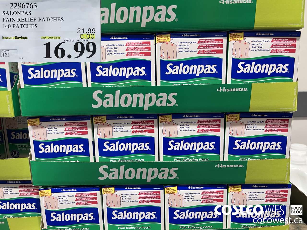 2296763 SALONPAS PAIN RELIEF PATCHES 140 PATCHES ($5.00 INSTANT SAVINGS EXPIRES ON 2025-08-31) $16.99