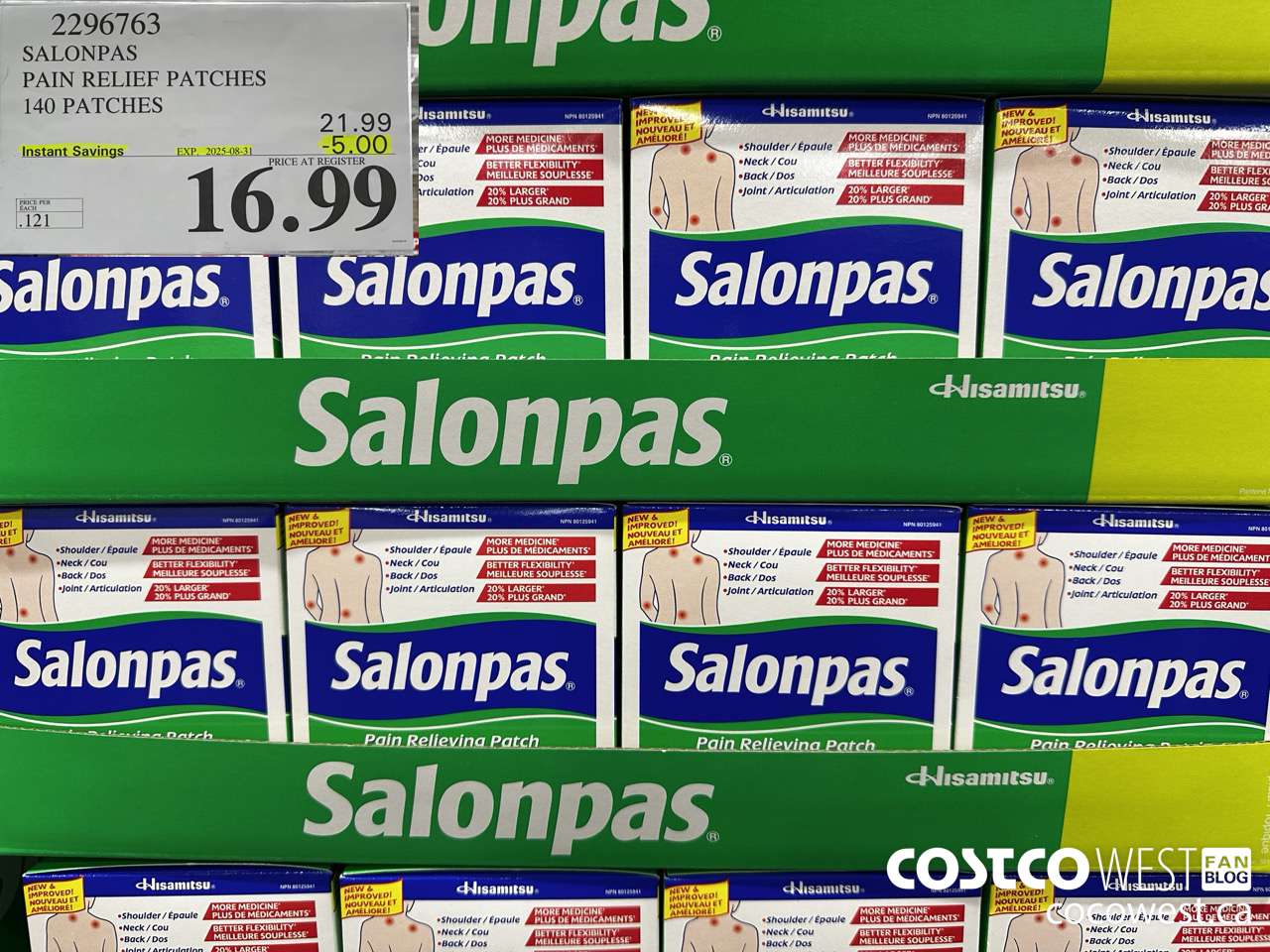 2296763 SALONPAS PAIN RELIEF PATCHES 140 PATCHES ($5.00 INSTANT SAVINGS EXPIRES ON 2025-08-31) $16.99