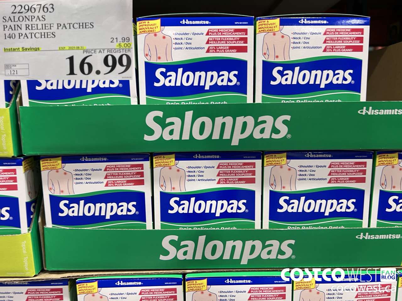 2296763 SALONPAS PAIN RELIEF PATCHES 140 PATCHES ($5.00 INSTANT SAVINGS EXPIRES ON 2025-08-31) $16.99