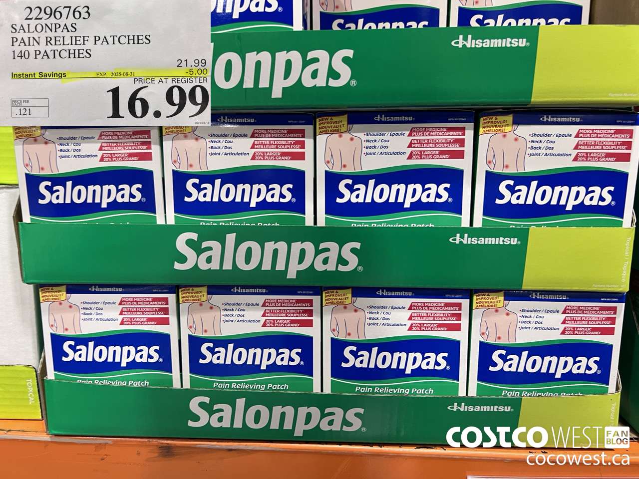 2296763 SALONPAS PAIN RELIEF PATCHES 140 PATCHES ($5.00 INSTANT SAVINGS EXPIRES ON 2025-08-31) $16.99