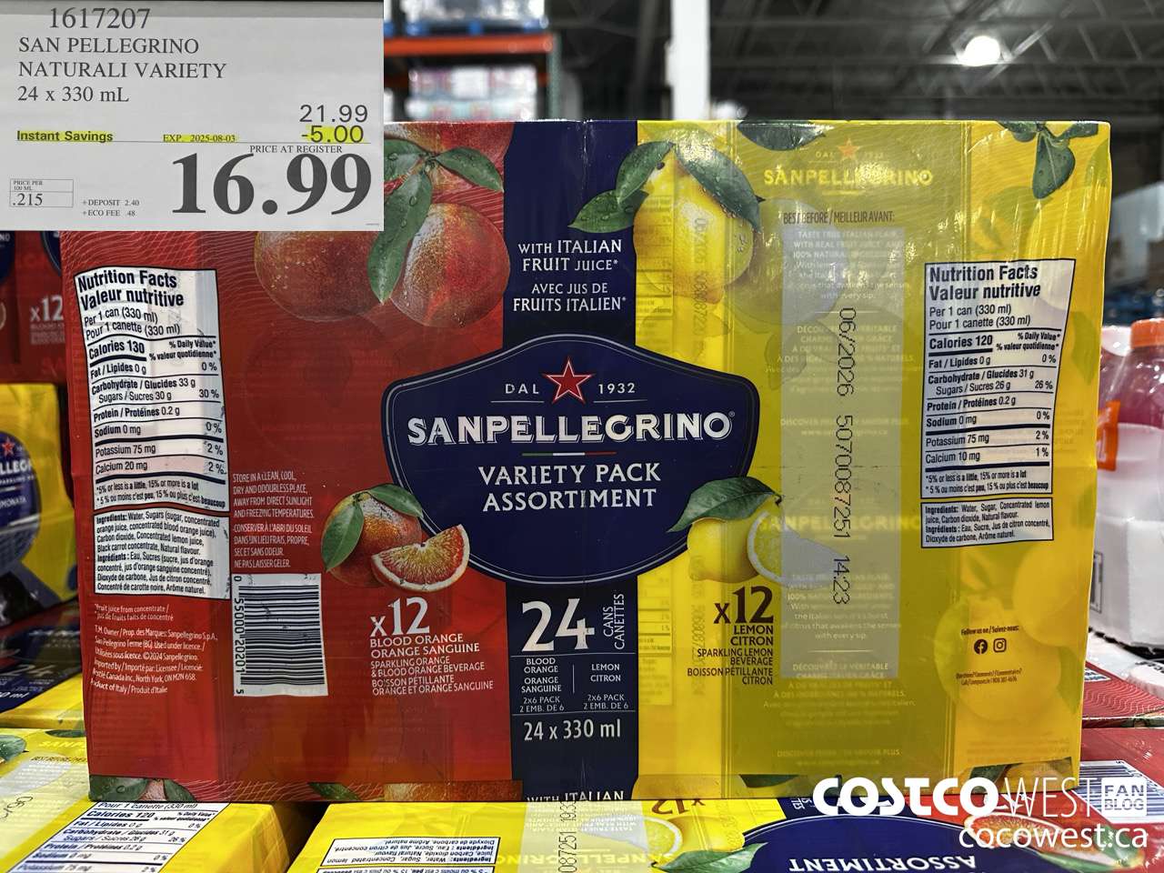 1617207 SAN PELLEGRINO NATURALI VARIETY 24 x 330 mL ($5.00 INSTANT SAVINGS EXPIRES ON 2025-08-03) $16.99