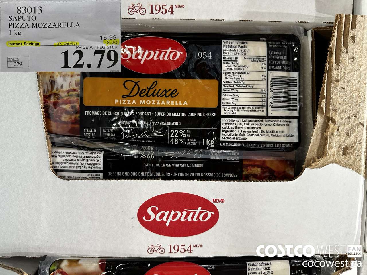 83013 SAPUTO PIZZA MOZZARELLA 1 kg ($3.20 INSTANT SAVINGS EXPIRES ON 2025-08-24) $12.79