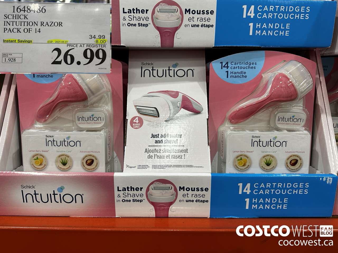 1648486 SCHICK INTUITION 14 CARTRIDGES + RAZOR ($8.00 INSTANT SAVINGS EXPIRES ON 2025-08-03) $26.99