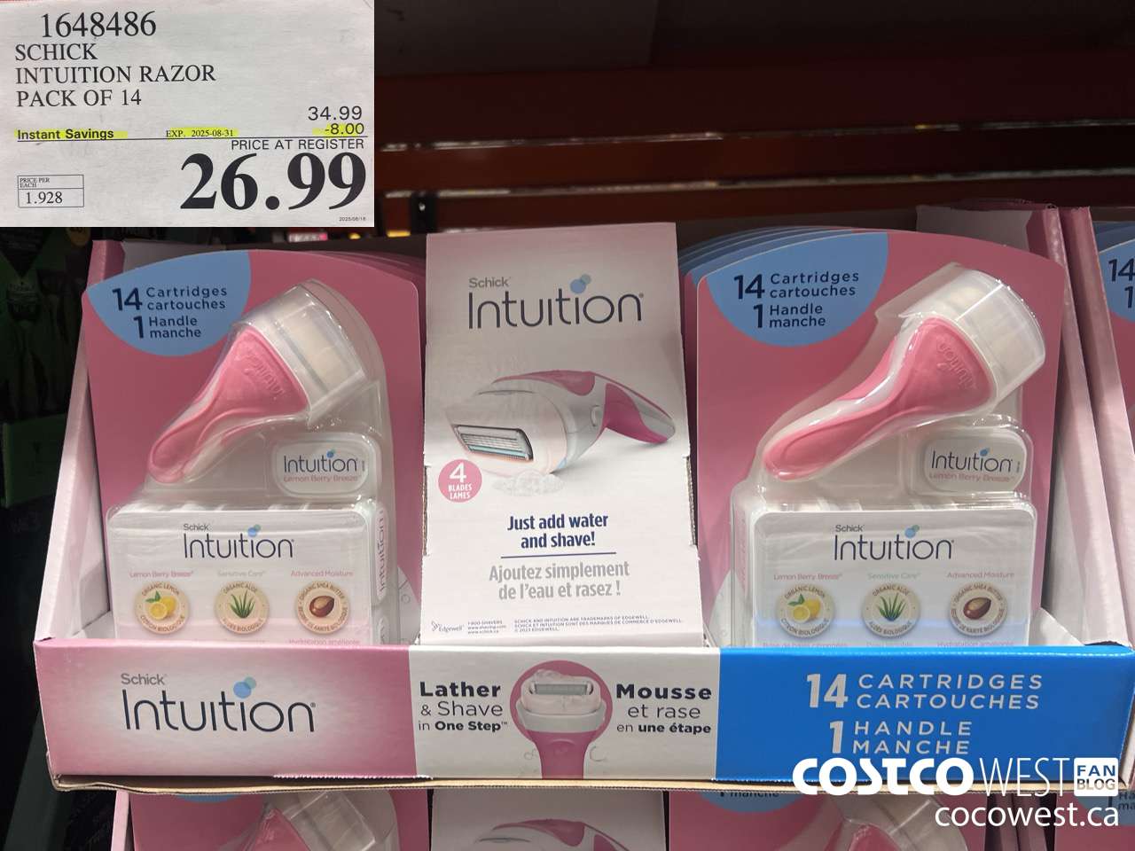 1648486 SCHICK INTUITION 14 CARTRIDGES + RAZOR ($8.00 INSTANT SAVINGS EXPIRES ON 2025-08-31) $26.99