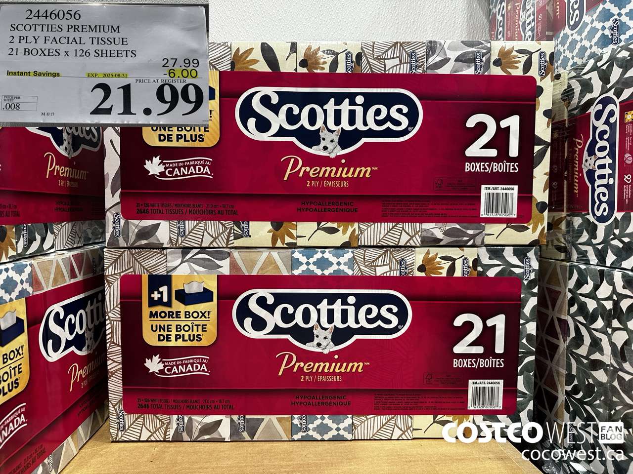 2446056 SCOTTIES PREMIUM 2 PLY FACIAL TISSUE 21 BOXES X 126 SHEETS ($6.00 INSTANT SAVINGS EXPIRES ON 2025-08-31) $21.99