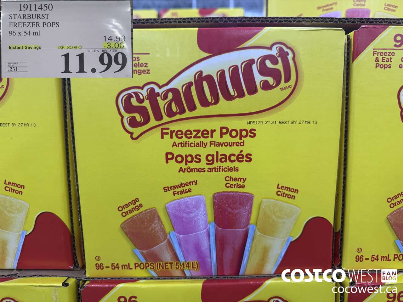 1911450 STARBURST FREEZER POPS 96 X 54ML ($3.00 INSTANT SAVINGS EXPIRES ON 2025-08-03) $11.99