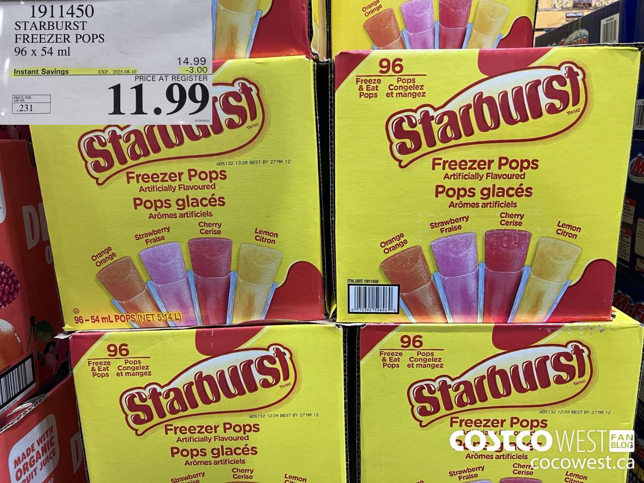 1911450 STARBURST FREEZER POPS 96 X 54ML ($3.00 INSTANT SAVINGS EXPIRES ON 2025-08-10) $11.99