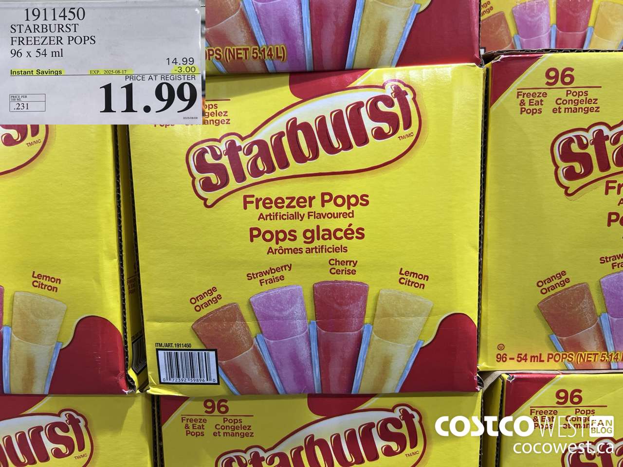 1911450 STARBURST FREEZER POPS 96 X 54ML ($3.00 INSTANT SAVINGS EXPIRES ON 2025-08-17) $11.99