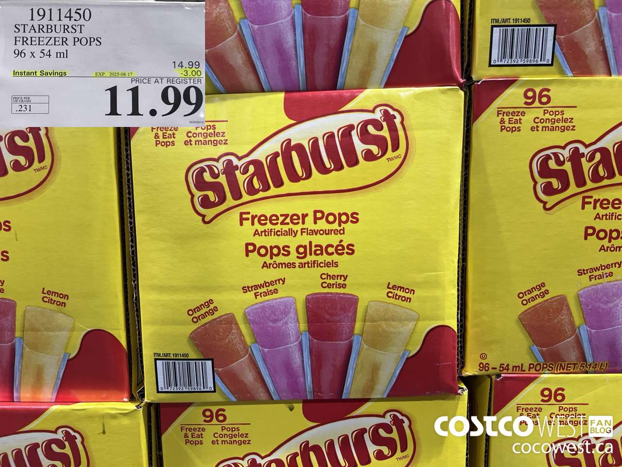 1911450 STARBURST FREEZER POPS 96 X 54ML ($3.00 INSTANT SAVINGS EXPIRES ON 2025-08-17) $11.99