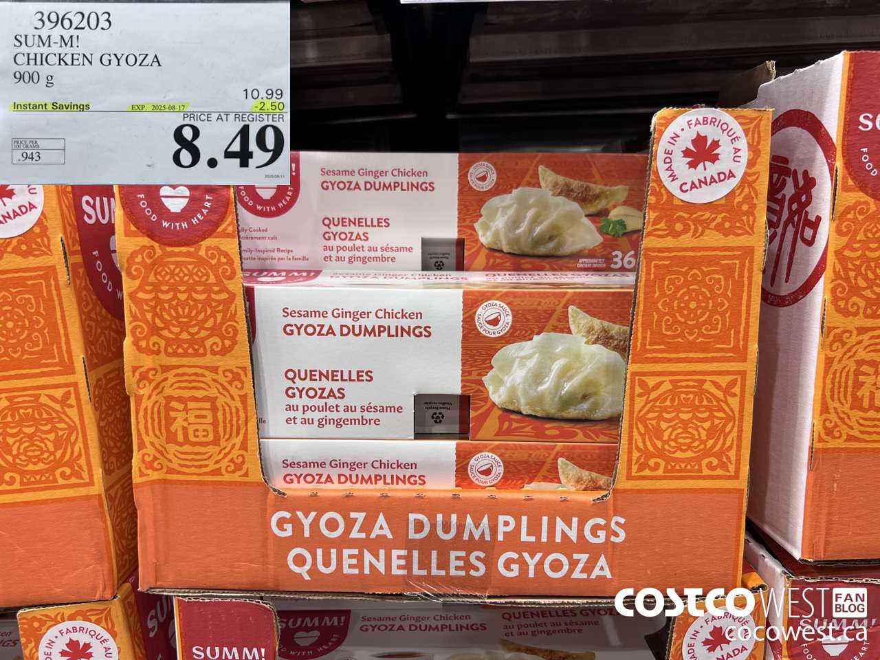 396203 SUM-M! CHICKEN GYOZA 900 g ($2.50 INSTANT SAVINGS EXPIRES ON 2025-08-17) $8.49