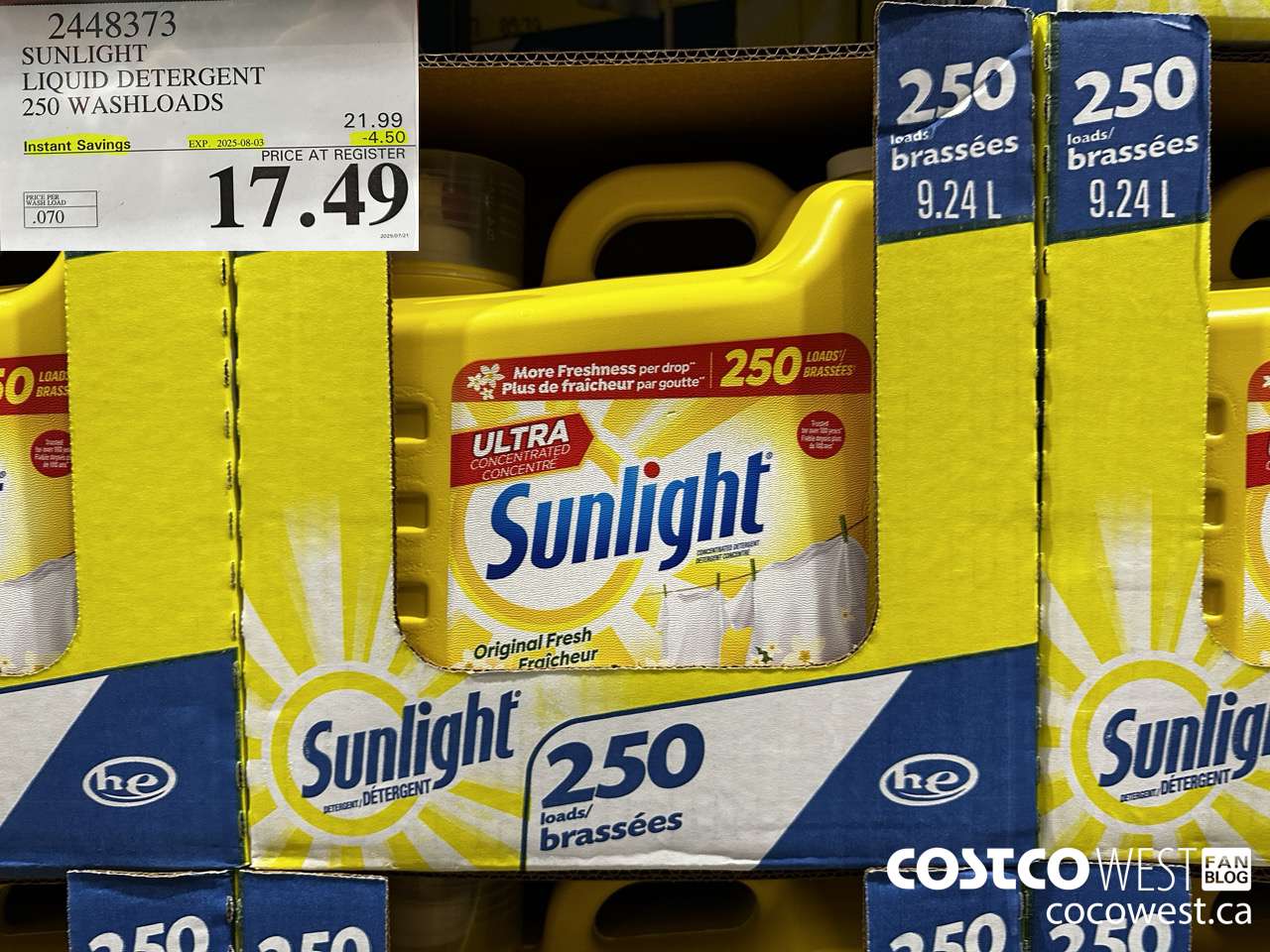 2448373 SUNLIGHT LIQUID DETERGENT 250 WASHLOADS ($4.50 INSTANT SAVINGS EXPIRES ON 2025-08-03) $17.49