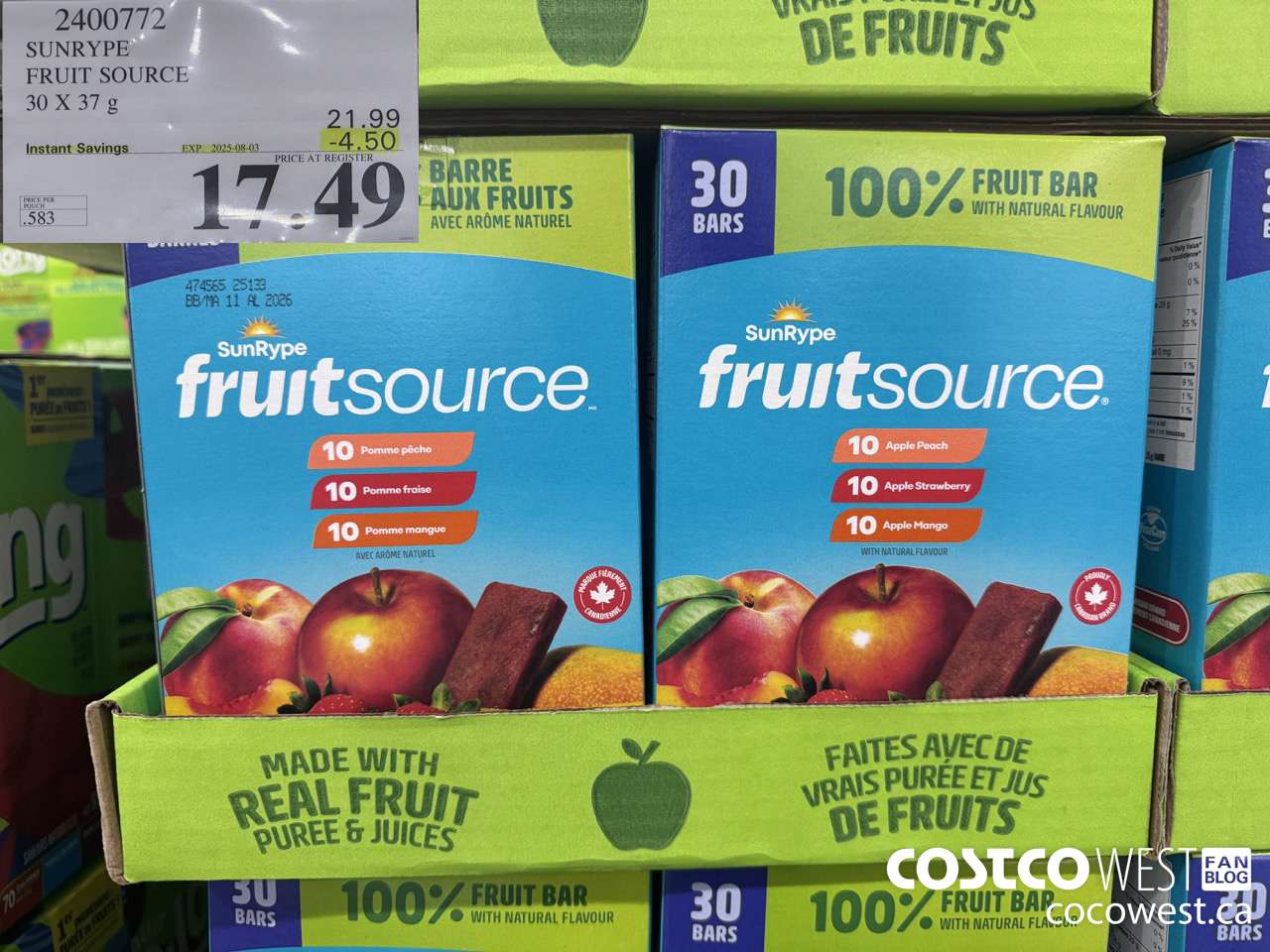 2400772 SUNRYPE FRUIT SOURCE 30 X 37G ($4.50 INSTANT SAVINGS EXPIRES ON 2025-08-03) $17.49