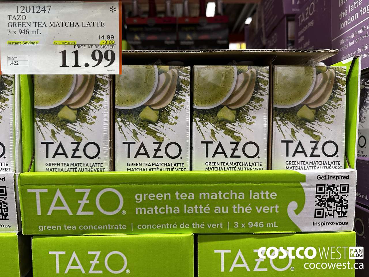 1201247 TAZO GREEN TEA MATCHA LATTE 3 X 946 ML ($3.00 INSTANT SAVINGS EXPIRES ON 2025-08-03) $11.99