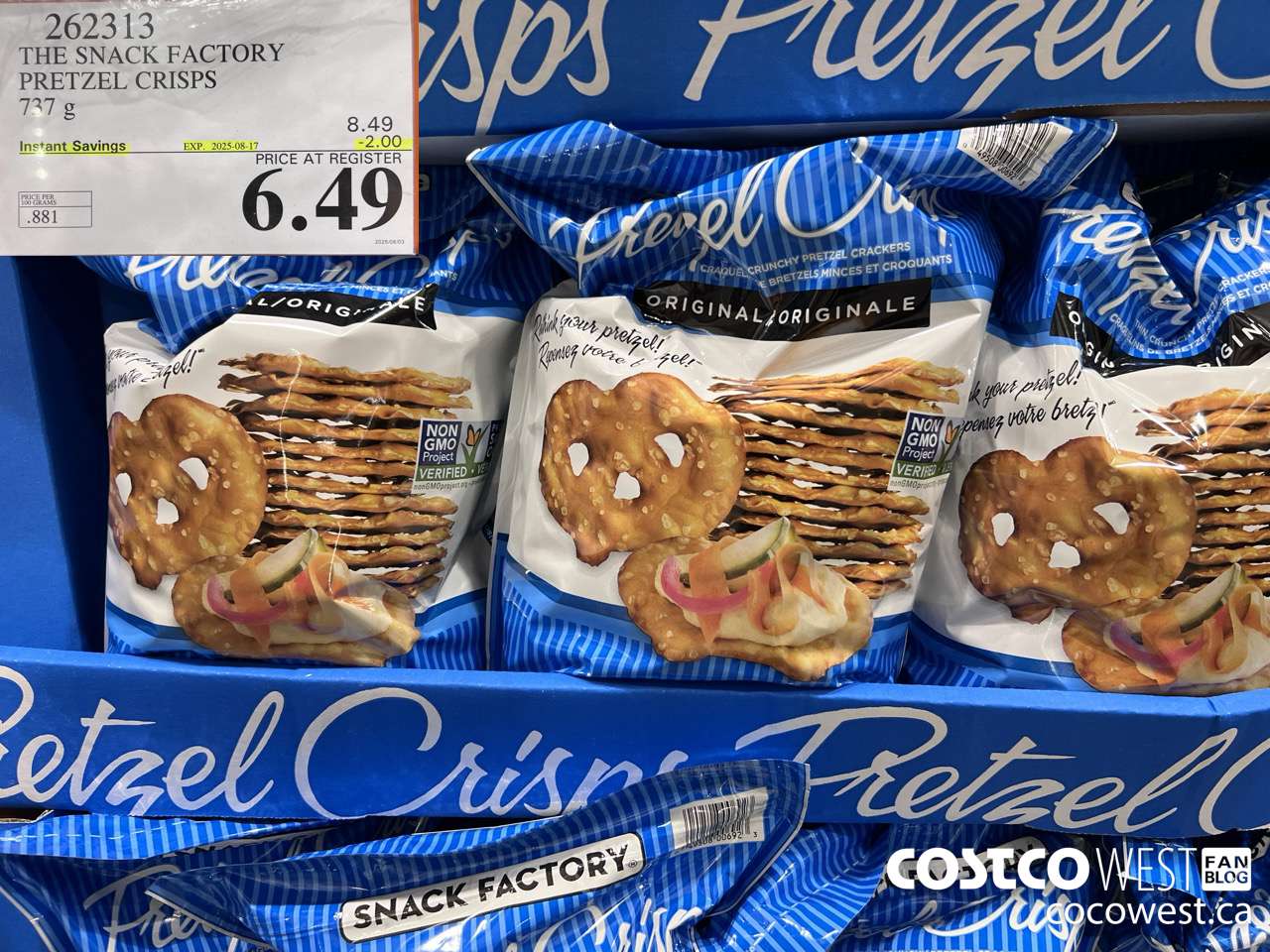 262313 THE SNACK FACTORY PRETZEL CRISPS 737 g ($2.00 INSTANT SAVINGS EXPIRES ON 2025-08-17) $6.49