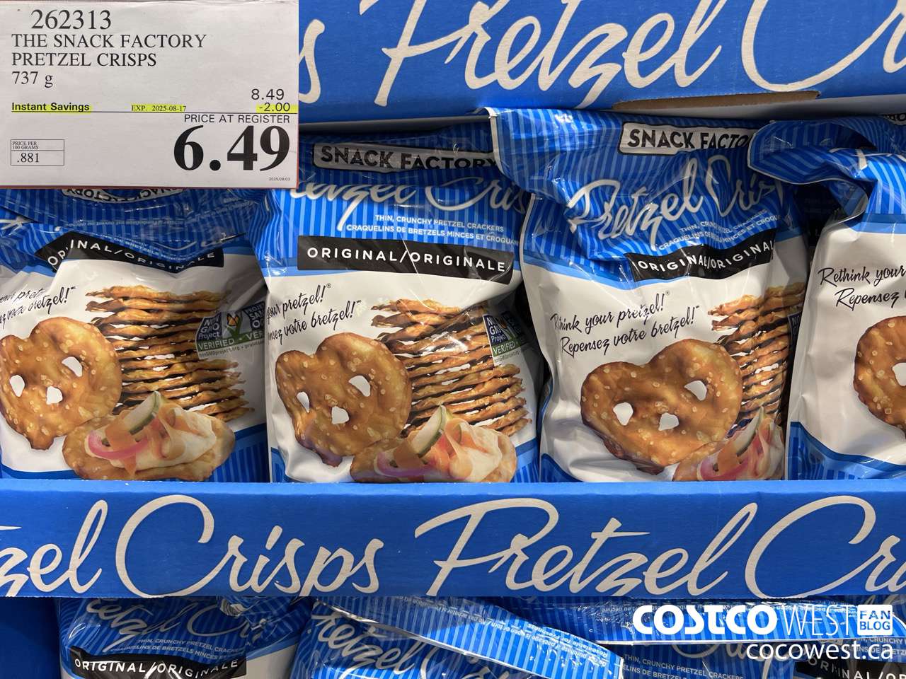262313 THE SNACK FACTORY PRETZEL CRISPS 737 g ($2.00 INSTANT SAVINGS EXPIRES ON 2025-08-17) $6.49