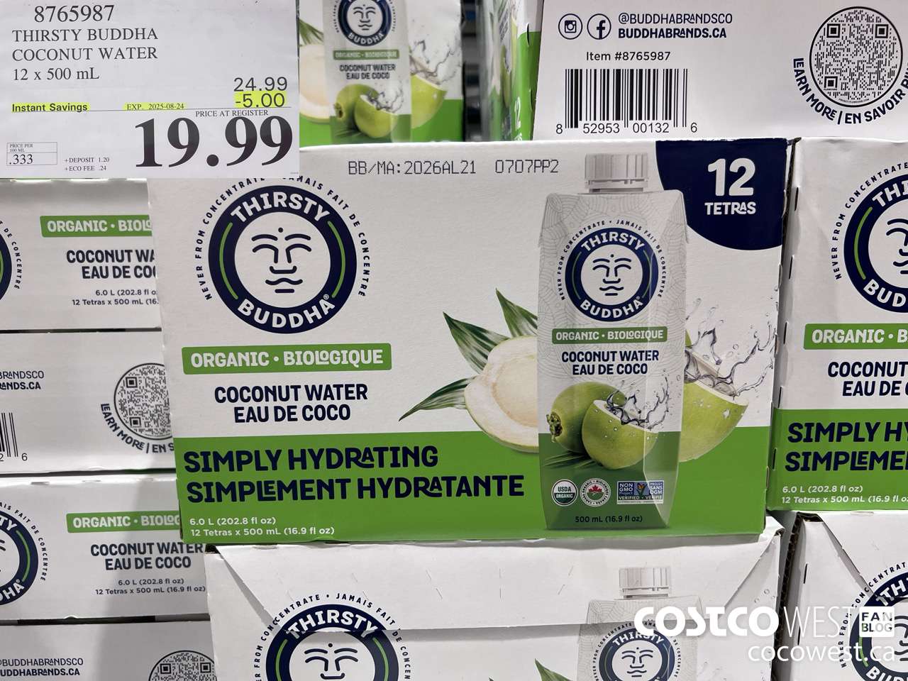 8765987 THIRSTY BUDDHA COCONUT WATER 12 X 500ML ($5.00 INSTANT SAVINGS EXPIRES ON 2025-08-24) $19.99