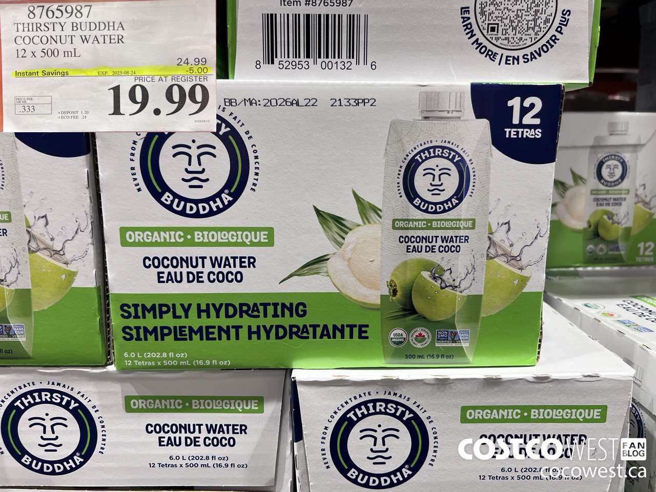 8765987 THIRSTY BUDDHA COCONUT WATER 12 X 500ML ($5.00 INSTANT SAVINGS EXPIRES ON 2025-08-24) $19.99
